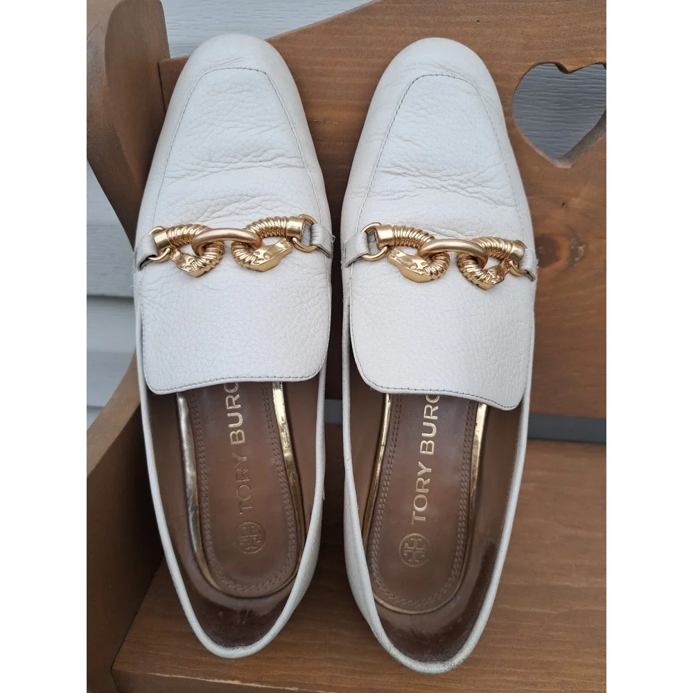 Tory Burch Women's Leather Cream Jessa Loafers Gold-Tone Horse Hardware Size 9 M